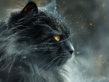 Maine Coon with shadowy feathers whispering lullabies to quell the infernal uproarの素材