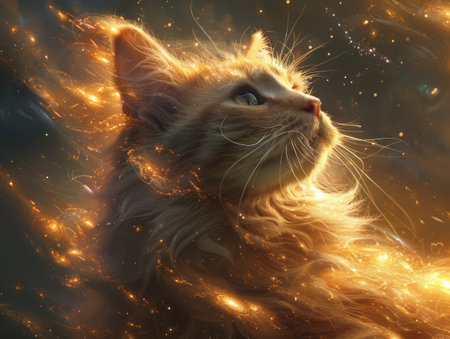 Maine Coon with a fur coat shimmering with cosmic light majestically ascending to the starsの素材