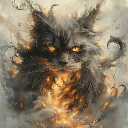 Maine Coon with whiskers flickering like flames weaving through the legs of demonsの素材