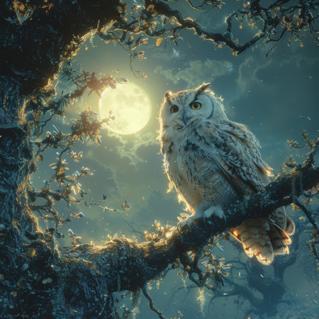 Owl with feathers that whisper light gliding silently into a moonlit gladeの素材