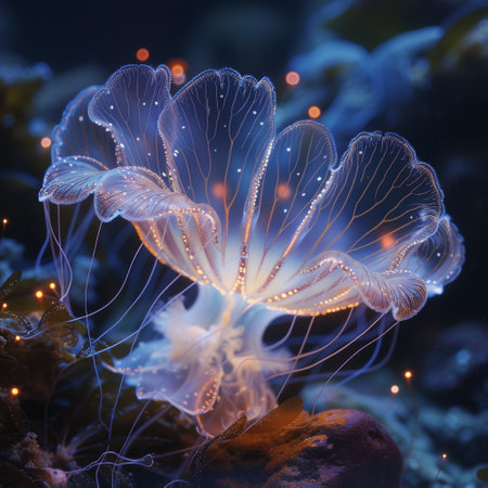 Luminous jellyfish with butterfly wings ethereal glow underwater balletの素材