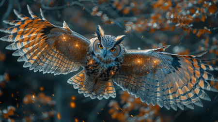 Owl with wings spread wide each feather a different galaxyの素材