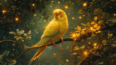 Parakeet chirping harmoniously with a choir of angels perched on celestial branchesの素材