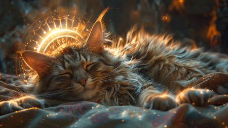 Maine Coon cat with a halo purring contently on a celestial cushionの素材