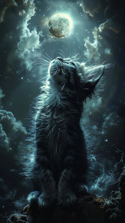 Maine Coon kitten with a halo of soft moonlight purring as it climbs the heavenly ladderの素材