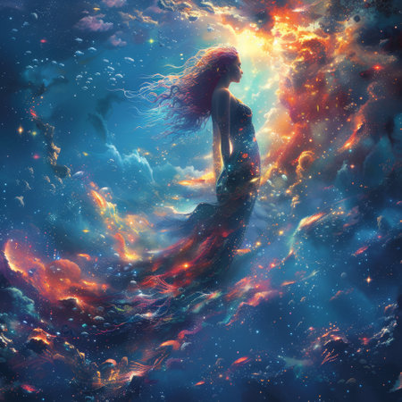 Mermaid with aurora fins coral galaxies deep space diveの素材
