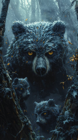 Onyx owlbears in dark forest depths blending into the nightの素材