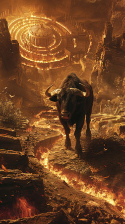 Minotaur wandering a labyrinth of scorched earth hooves leaving trails of fireの素材