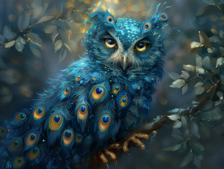 Owl with peacock feathers moonlit forest mystical auraの素材