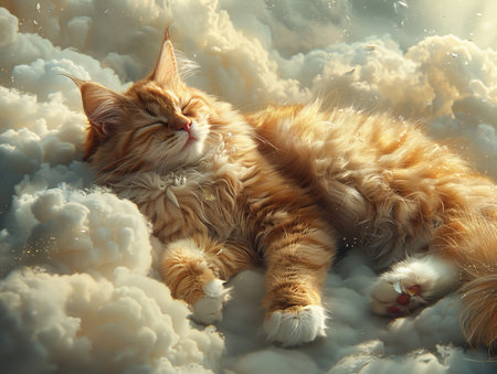 Persian cat lounging on a cloud its fur brushed by angelic handsの素材