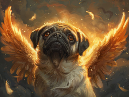 Pug with angelic wings a nimbus glow bringing laughter to the heavensの素材
