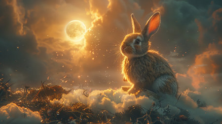 Rabbit with a luminous halo hopping along a moonlit cloud towards the heavenly gatesの素材