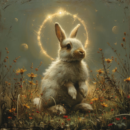 Rabbit with a halo of soft light hopping through ethereal fields spreading joyの素材