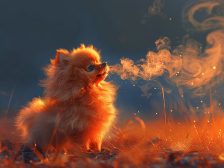 Pomeranian puffing out smoky breaths its tiny footsteps leaving scorched marksの素材