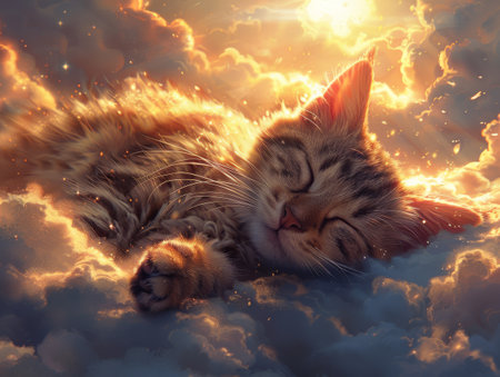 Tabby cat napping on a fluffy cloud sunbeams gently warming its furの素材