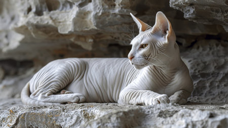 Sphynx cat with a gaze that pierces the soul lounging near the river Styxの素材