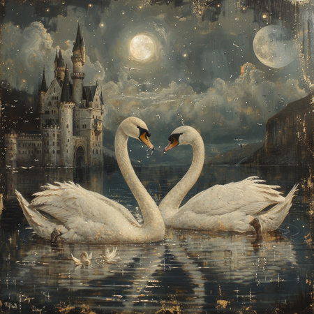 Silver swans in moated castles gliding gracefully water sparklingの素材