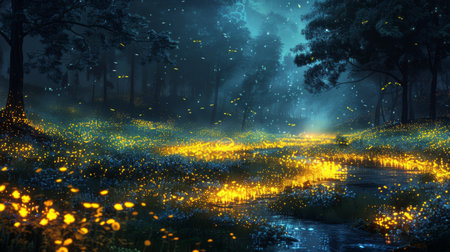 A citrine illuminated clearing where a group of fireflies dance their light mingling with the citrines glow in a symphony of natural luminescenceの素材