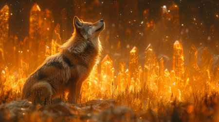 A citrine crystal field under the stars where a lone wolf howls its silhouette illuminated by the golden light echoing the call of the wildの素材