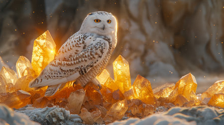 A cluster of citrine crystals casting a warm glow on a snowy owl perched nearby its feathers softly reflecting the golden light in the duskの素材