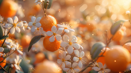 3D printed vitamin C molecule in citrus hues surrounded by tiny blossoming orange trees the scent of oranges in the airの素材