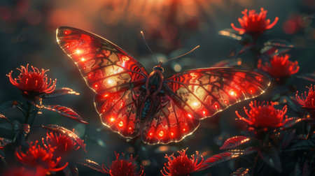 A butterfly with ruby like patterns on its wings drawn to the glow of backlit ruby crystals creating a perfect blend of natural and mineral beautyの素材