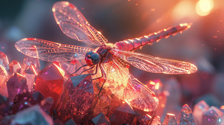 A delicate dragonfly resting on a ruby crystal its translucent wings reflecting the deep red glow creating a magical auraの素材