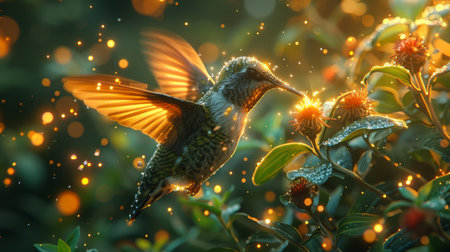 A hummingbird drawing nectar from a flower illuminated by the soft glow of citrine points nearby creating a magical aura around the sceneの素材