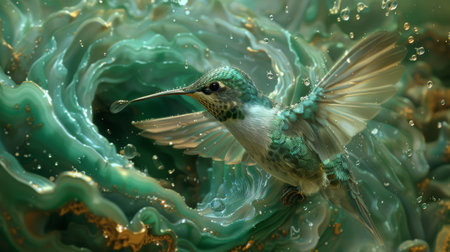 A hummingbird feeding on nectar from a flower thats grown through a malachite swirl the birds rapid movement blurring into the patternsの素材