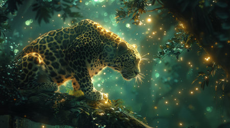 A dark forest canopy pierced by the glow of emeralds where a leopard prowls its spots mirroring the gemstones radianceの素材