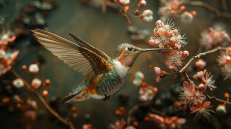 A hummingbird hovering over a blossom with a backdrop of raw silver and turquoise embedded in the rock behind it creating a natural masterpieceの素材