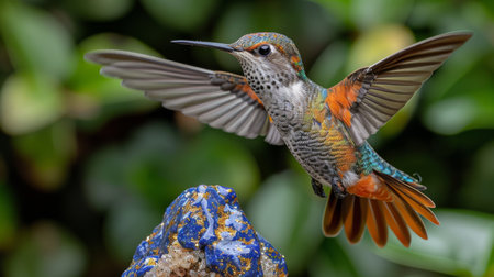 A hummingbird hovering over a lapis lazuli with gold flecks the rapid beating of its wings causing the gold to sparkle like tiny starsの素材