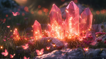 A group of fireflies dancing around backlit ruby crystals their natural luminescence blending with the stones glow in a magical light showの素材