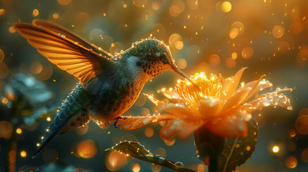 A hummingbird drawing nectar from a flower illuminated by the soft glow of citrine points nearby creating a magical aura around the sceneの素材