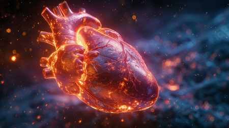 A holographic human heart floating in space connected to a cosmic pacemaker pulsing with starlightの素材