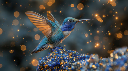 A hummingbird hovering over a lapis lazuli with gold flecks the rapid beating of its wings causing the gold to sparkle like tiny starsの素材