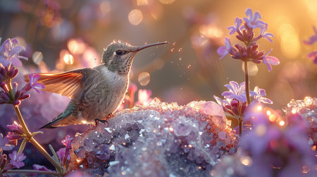 A hummingbird drawing nectar from wildflowers beside a radiant amethyst geode the sunlight enhancing the vivid interplay of colorsの素材