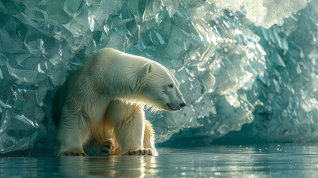 A cluster of sapphire crystals within a translucent iceberg where a polar bear rests the ice casting sapphire light across its furの素材