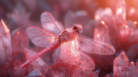 A delicate dragonfly resting on a ruby crystal its translucent wings reflecting the deep red glow creating a magical auraの素材