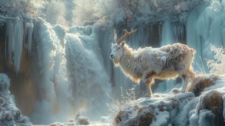 A frozen waterfall with sapphire crystals jutting out where a mountain goat navigates the icy terrain its coat dusted with frost and sapphire lightの素材