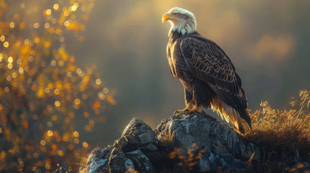 A majestic eagle perched on a jagged obsidian outcrop with the natural light enhancing its regal stance and the stones dark lusterの素材
