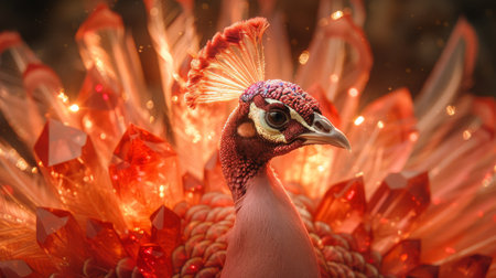 A peacock with its feathers fanned out standing before glowing ruby crystals the red light enhancing the birds natural iridescenceの素材