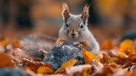 A piece of obsidian in natural light surrounded by autumn leaves where a squirrel forages its movements creating a playful contrastの素材