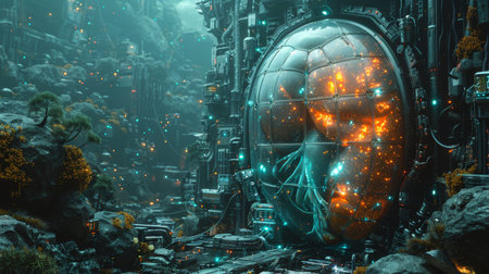A kidney suspended in an asteroid field with dialysis technology powered by pulsars cleansing it with cosmic energyの素材