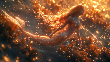 A mermaid basking in the glow of backlit ruby crystals beneath the ocean waves her scales shimmering in the ethereal underwater lightの素材