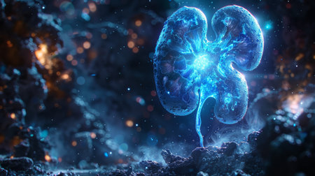 A kidney suspended in an asteroid field with dialysis technology powered by pulsars cleansing it with cosmic energyの素材