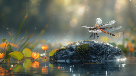 An obsidian stone in a creek the flowing water smoothing its sharp edges with a dragonfly perched delicately on top basking in the sunlightの素材