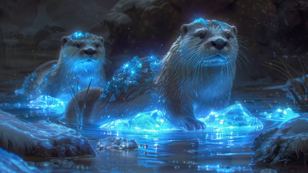 An icy pond with submerged sapphire crystals where otters play their sleek bodies gliding through the illuminated sapphire infused watersの素材