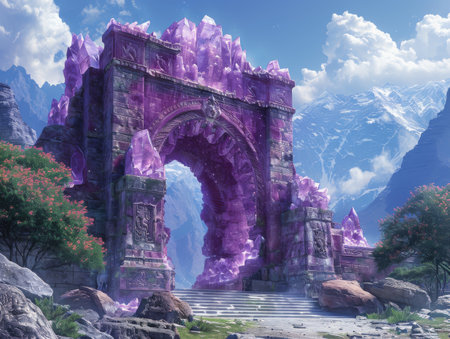 Amethyst portal guarded by statues of mythic beasts gateway to a realm of dreamsの素材