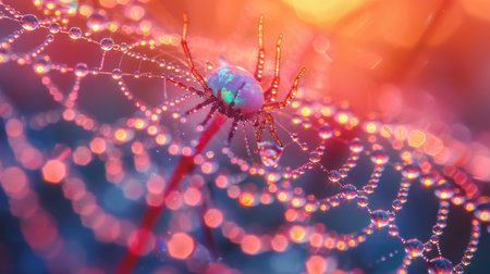 An opal reflecting rainbow light onto a delicate spider web each strand shimmering with colors with a dew covered spider in the centerの素材